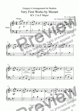 page one of Gregory's Arrangement for Student Very First Works by Mozart KV. 2 in F Major