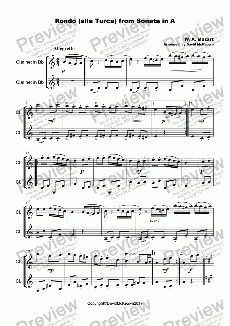 Rondo Alla Turca Duet for Two Clarinets - Download Sheet Music PDF