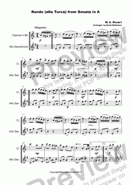 page one of Rondo Alla Turca, Duet for Clarinet and Alto Saxophone