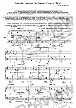 page one of Fentonian Nocturne (for Janette) (Opus 16 / 2016)   This piano solo is most respectfully and lovingly dedicated to Janette Underwood, the composer's sister,  who was born and raised in Fenton, Stoke-on-Trent, Staffordshire, England, UK, where she continue