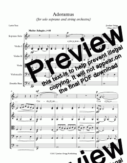 page one of Adoramus (for solo soprano and string orchestra) - Score and parts