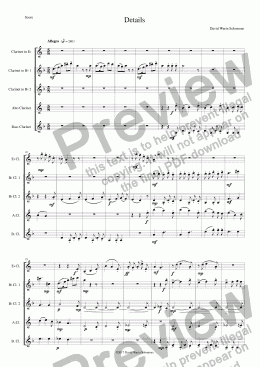 page one of Details for clarinet quintet with Eflats SCORE and PARTS