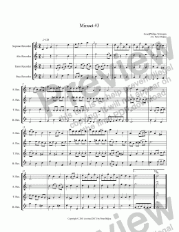 page one of GP Telemann Minuet 03 (SATB Recorders)