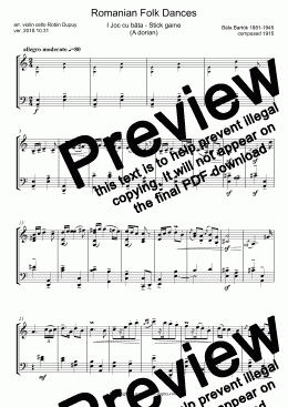 page one of Bartok - Romanian Folk Dances - Six Danses populaires roumaines - ルーマニア民俗舞曲 バルトーク - Румынские народные танцы (Барток) - PDF - Duo duet 二重唱 violin cello