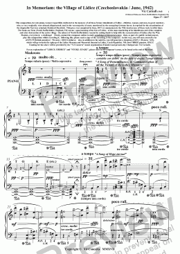 page one of In Memoriam: the Village of Lidice (Czechoslovakia / June, 1942)     This composition, for solo piano, is most respectfully dedicated to the memory of all those former inhabitants of Lidice - children, women, and men, in great numbers -  who, so very trag