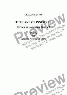 page one of SONG - 6/8 'THE LAKE OF INNISFREE' for Baritone Voice and Piano. Words: W. B. YEATS (1865-1939) With an Irish Flavour