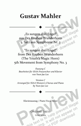 page one of Mahler (arr. Lee): Symphony No. 3 5th movement, Piano Vocal Score (Version C for SSAA Chorus)