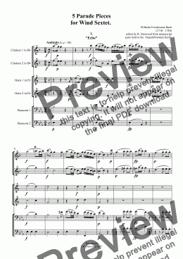 page one of Bach W.F.  - 5 Parade Pieces  for Wind Sextet (2Bb Cl. 2Hn. 2 Bsn.  - original instrumentation)