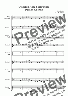 page one of O Sacred Head Surrounded Passion Chorale - Guitar Quartet with TAB and Optional Flute