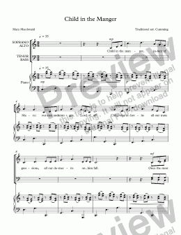 page one of "Child in the Manger" for SATB choir & piano