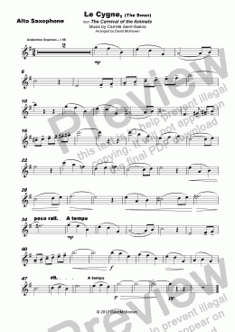 page one of The Swan, (Le Cygne), by Saint-Saens, for Alto Saxophone and Piano