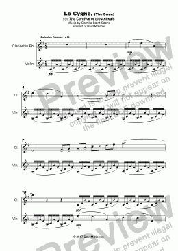 page one of The Swan, (Le Cygne), by Saint-Saens, Duet for Violin and Clarinet