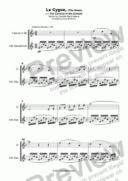 page one of The Swan, (Le Cygne), by Saint-Saens, Duet for Clarinet and Alto Saxophone