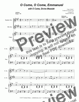 page one of O Come, O Come, Emmanuel with O Come, Divine Messiah (Duet for Soprano and Alto Saxophone)