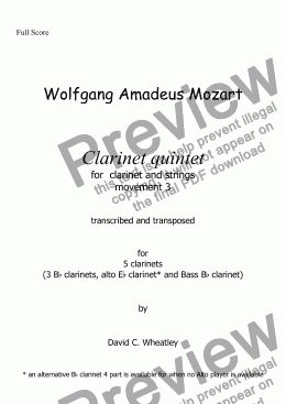 page one of Mozart - Clarinet quintet 3rd mvt for 5 clarinets transcribed by David Wheatley