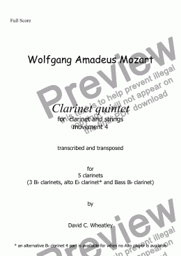 page one of Mozart - Clarinet quintet 4th mvt for 5 clarinets transcribed by David Wheatley