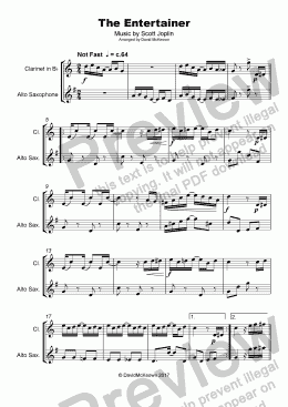 page one of The Entertainer by Scott Joplin, Duet for Clarinet and Alto Saxophone