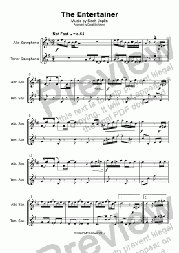 page one of The Entertainer by Scott Joplin, Duet for Alto and Tenor Saxophone