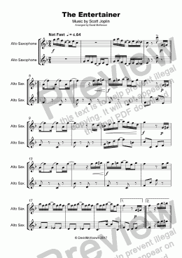 page one of The Entertainer by Scott Joplin, Duet for Alto Saxophone