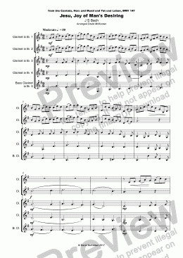 page one of Jesu Joy of Man's Desiring, J S Bach, for Clarinet Quintet