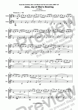 page one of Jesu Joy of Man's Desiring, J S Bach, Duet for two Violins