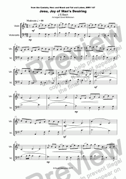 page one of Jesu Joy of Man's Desiring, J S Bach, Duet for one Violin and one Cello