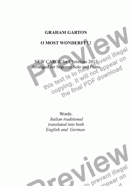 page one of CAROL - 'O MOST WONDERFUL' CAROL FOR 2017 Arranged for Soprano or Tenor Solo and Piano