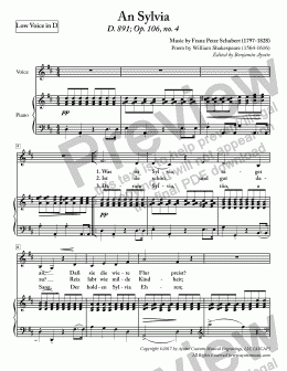 page one of Schubert - An Sylvia for Low Voice in D Major