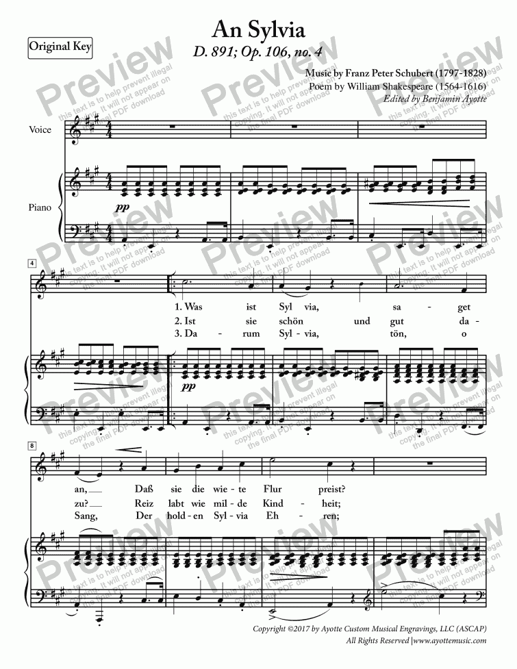 Schubert An Sylvia For High Voice In A Major Sheet Music Pdf File