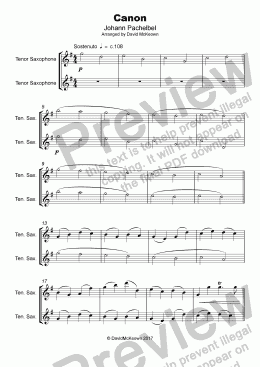 page one of Pachelbel's Canon, Duet for Tenor Saxophone (with optional bass part)