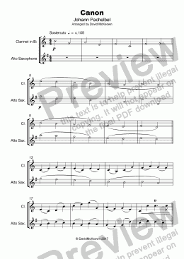 page one of Pachelbel's Canon, Duet for Clarinet and Saxophone (with optional bass part)