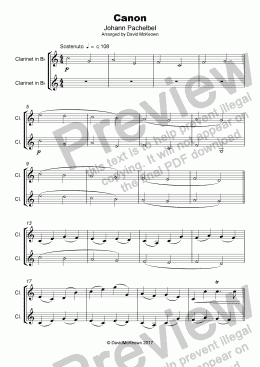 page one of Pachelbel's Canon, Duet for Clarinet (with optional bass part)