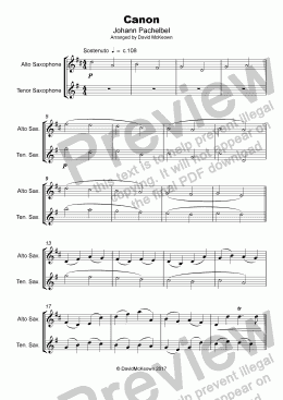 page one of Pachelbel's Canon, Duet for Alto and Tenor Saxophone (with optional bass part)