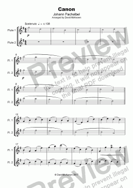 page one of Pachelbel's Canon, Duet for Flute (with optional bass part)