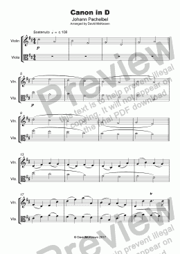 page one of Pachelbel's Canon in D, Duet for Violin and Viola (with optional bass part)