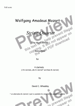 page one of Mozart - String quartet ('The Hunt') transcribed for 4 clarinets by David Wheatley