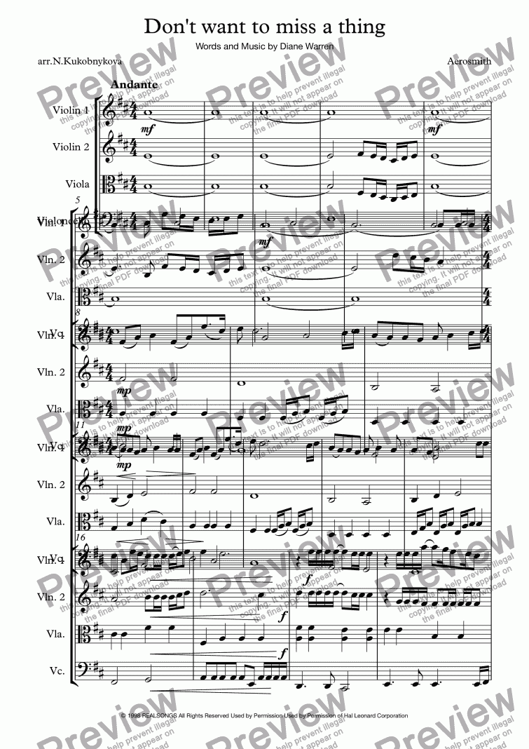 Don T Want To Miss A Thing Download Sheet Music Pdf File