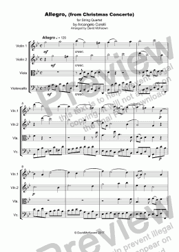 page one of Christmas Concerto, Allegro, by Corelli; for String Quartet or String Orchestra