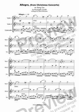 page one of Christmas Concerto, Allegro, by Corelli; for String Trio, two Violins and one Cello