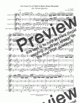 page one of Handel - For Unto Us A Child Is Born (from Messiah) (for Clarinet Quartet)