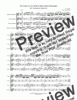 page one of Handel - For Unto Us A Child Is Born (from Messiah) (for Saxophone Quartet SATB)