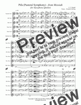 page one of Handel - Pifa (Pastoral Symphony) - from Messiah (for Saxophone Quintet SATTB or AATTB)