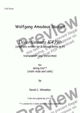 page one of Mozart - divertimento K439b no 1 for string trio (violin viola and cello) transcribed by David Wheatley