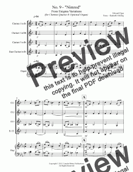 page one of Elgar – No. 9. “Nimrod” from Enigma Variations (for Clarinet Quartet and optional Organ)