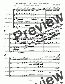 page one of Handel - Arrival of the Queen of Sheba – from Solomon (for Saxophone Quintet AATTB)