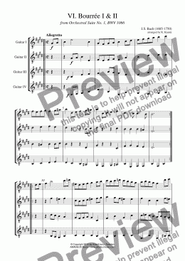 page one of Bourrée from Suite No. 1, BWV 1066 for guitar quartet