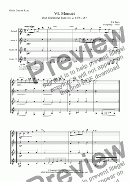 page one of Menuet from Suite No. 2, BWV 1067 for guitar quartet