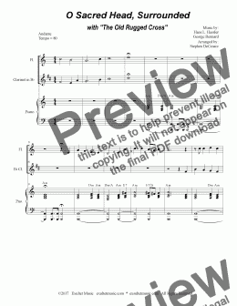 page one of O Sacred Head, Surrounded (with The Old Rugged Cross) (Duet for Flute & Bb-Clarinet)