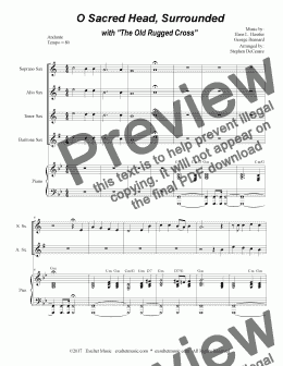 page one of O Sacred Head, Surrounded (with The Old Rugged Cross) (for Saxophone Quartet)