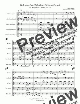 page one of Debussy - Golliwog's Cakewalk from Children's Corner (for Saxophone Quintet AATTB)